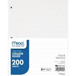 Mead College Ruled Filler Paper, 8" x 10.5", 3-Hole Punched, 200 Sheets/Pack, 3/Bundle (MEA15326-3)