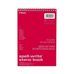 Mead Spell-Write Steno Pad, 6" x 9", Gregg-Ruled, Assorted Colors, 80 Sheets/Pad (43080)