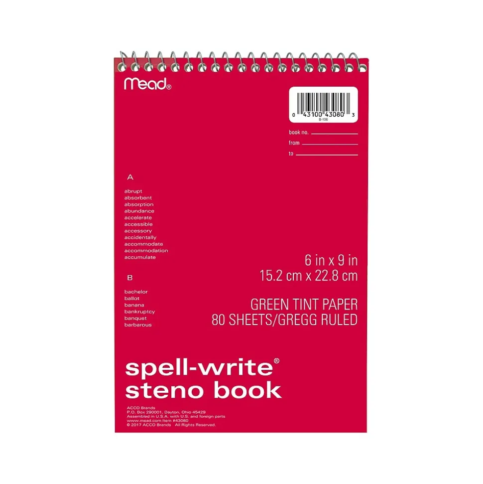 Mead Spell-Write Steno Pad, 6" x 9", Gregg-Ruled, Assorted Colors, 80 Sheets/Pad (43080)