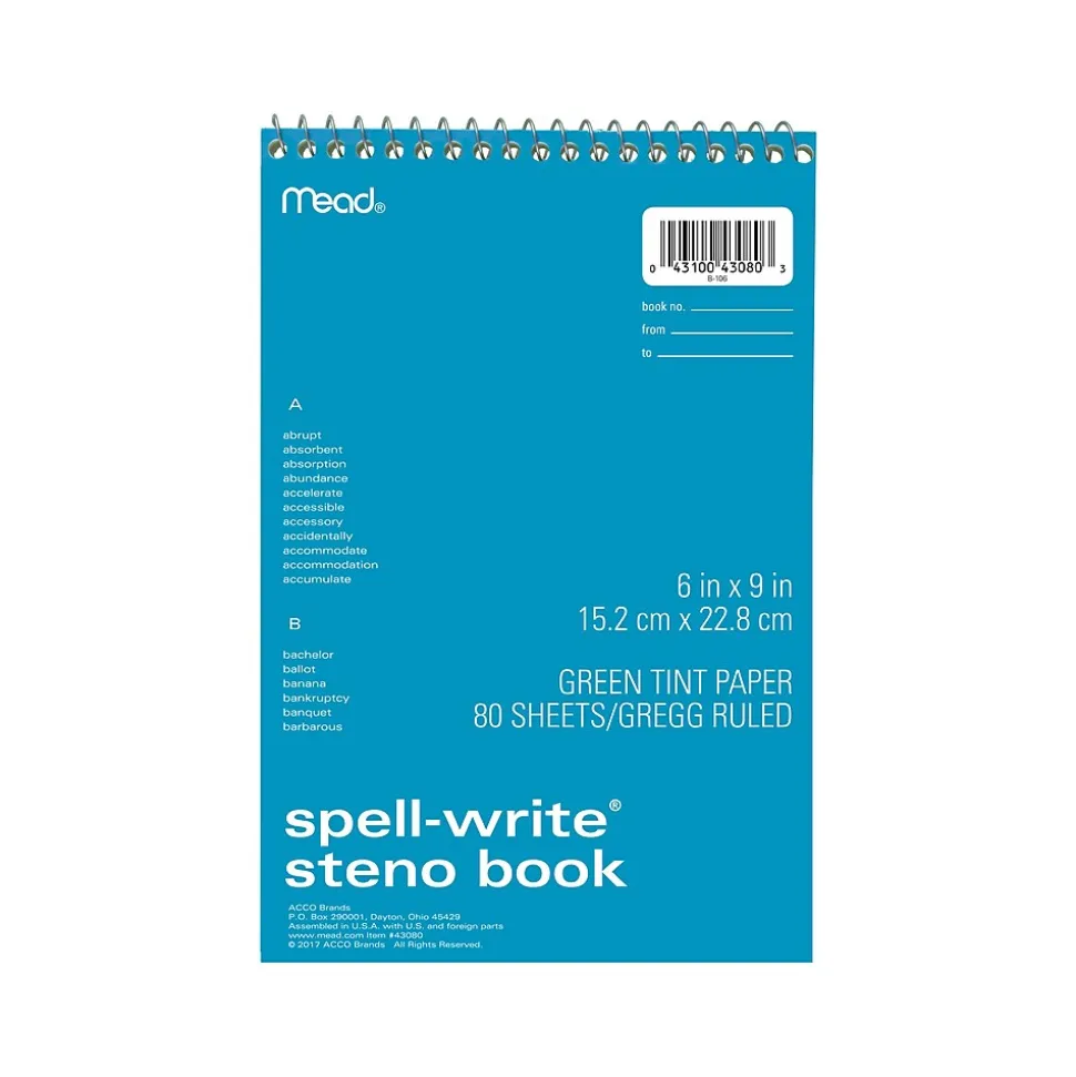 Mead Spell-Write Steno Pad, 6" x 9", Gregg-Ruled, Assorted Colors, 80 Sheets/Pad (43080)