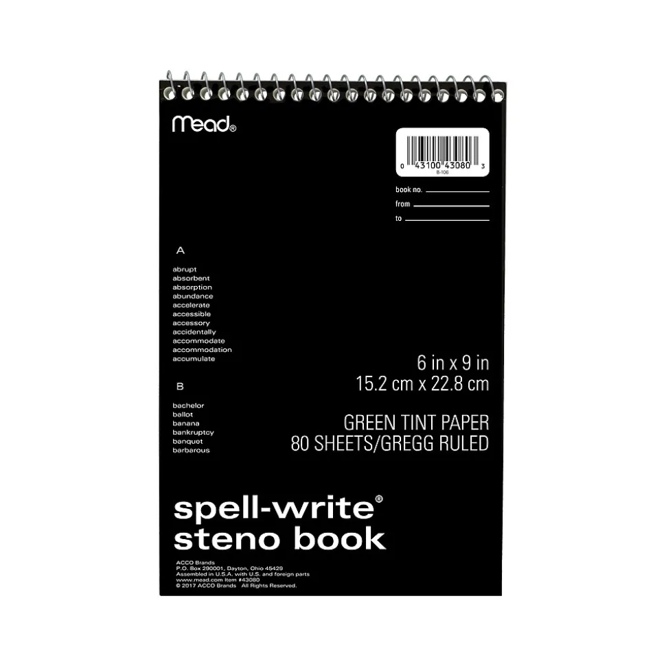 Mead Spell-Write Steno Pad, 6" x 9", Gregg-Ruled, Assorted Colors, 80 Sheets/Pad (43080)
