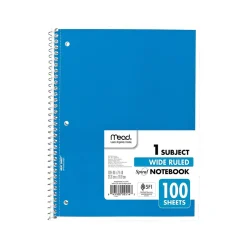 Mead 1-Subject Notebooks, 7.5" x 10.5", Wide-Ruled, 100 Sheets, Assorted Colors, 24/Carton (MEA05514CT)