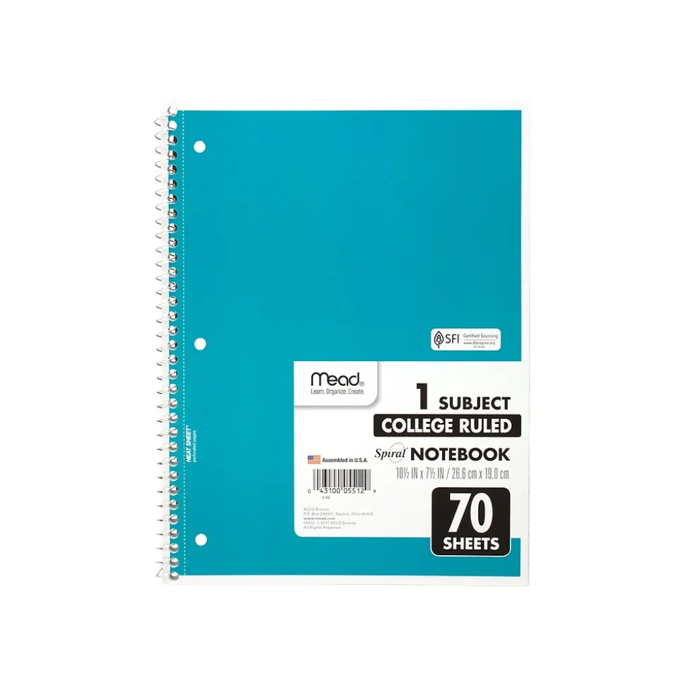 Mead 1-Subject Notebooks, 8" x 10.5", College Ruled, 70 Sheets, 24/Carton (MEA05512-CT)