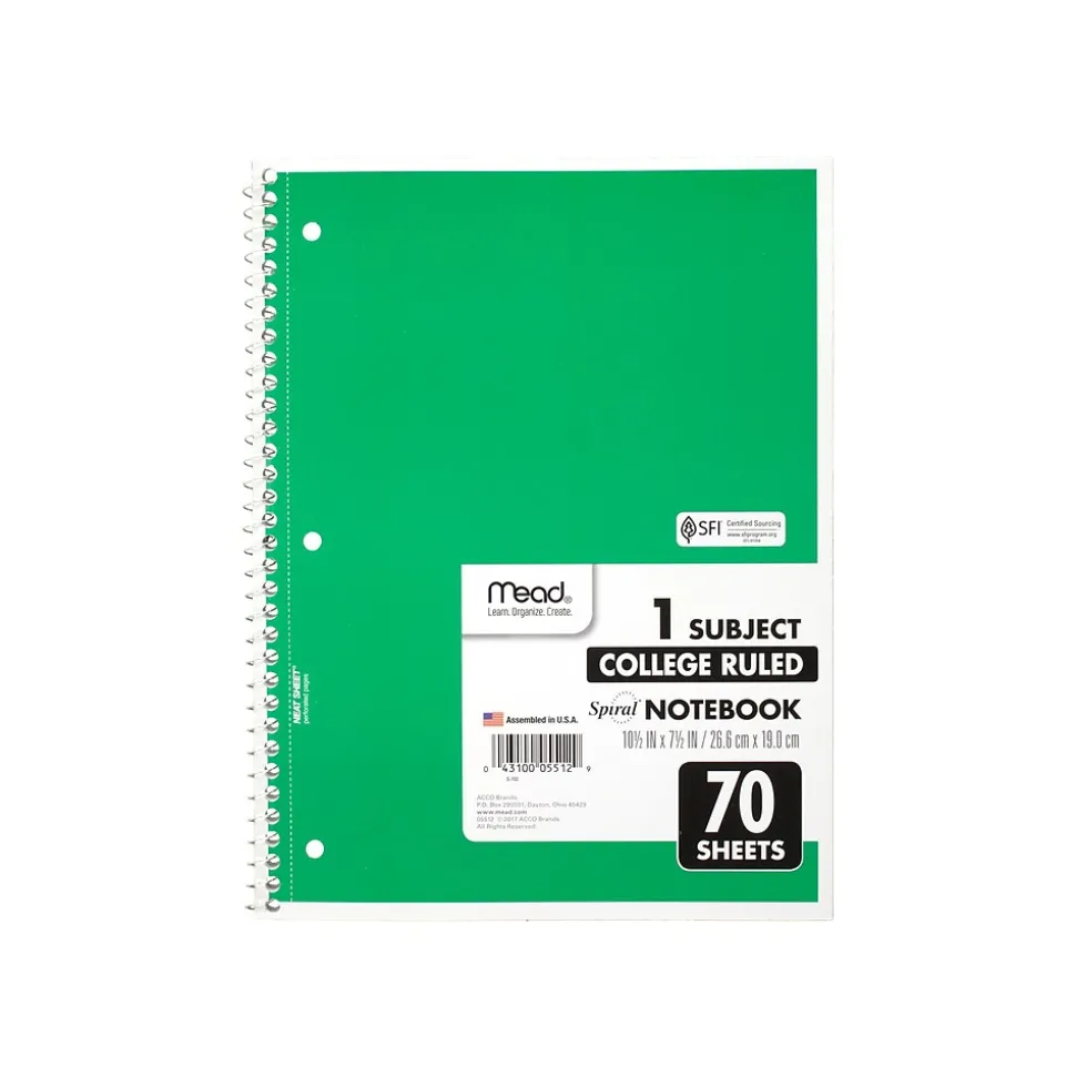 Mead 1-Subject Notebooks, 8" x 10.5", College Ruled, 70 Sheets, 24/Carton (MEA05512-CT)