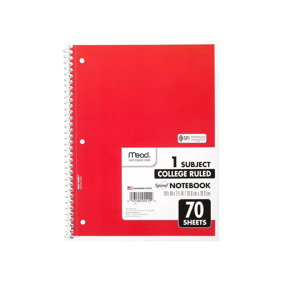 Mead 1-Subject Notebooks, 8" x 10.5", College Ruled, 70 Sheets, 24/Carton (MEA05512-CT)