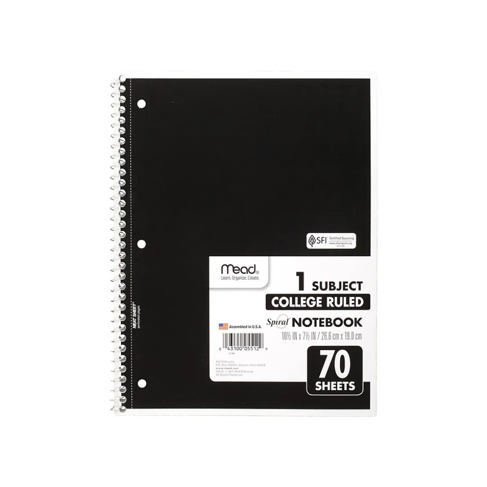 Mead 1-Subject Notebooks, 8" x 10.5", College Ruled, 70 Sheets, 24/Carton (MEA05512-CT)