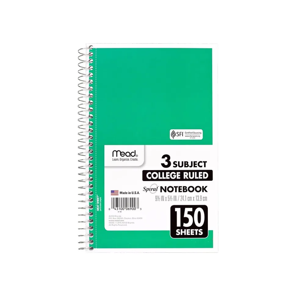 Mead 3-Subject Notebooks, 6" x 9.5", College Ruled, 150 Sheets, Assorted Colors, 12/Carton (06900CT)