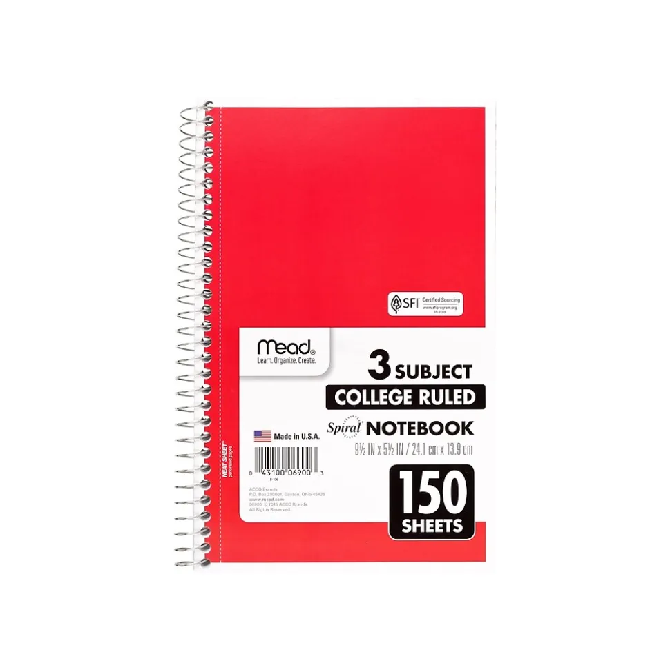 Mead 3-Subject Notebooks, 6" x 9.5", College Ruled, 150 Sheets, Assorted Colors, 12/Carton (06900CT)