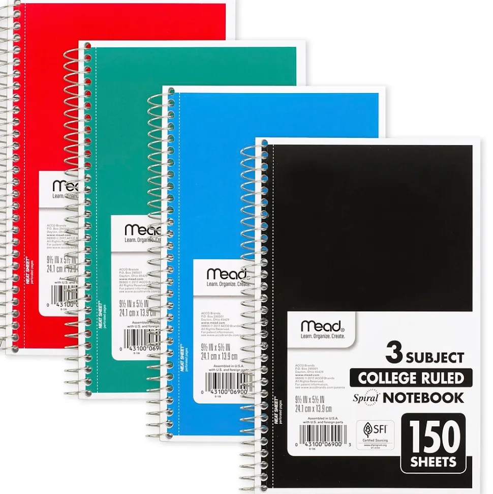 Mead 3-Subject Notebooks, 6" x 9.5", College Ruled, 150 Sheets, Assorted Colors, 12/Carton (06900CT)