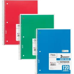 Mead 3-Subject Notebooks, Wide Ruled, 120 Sheets, Assorted Colors, 6/Bundle (MEA05746-6)