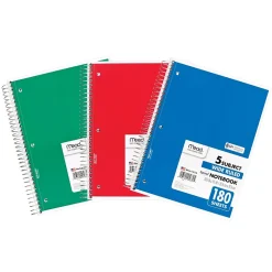 Mead 5-Subject Subject Notebooks, 8" x 10.5", Wide Ruled, 180 Sheets, Assorted Colors, 3/Bundle (MEA05680-3)