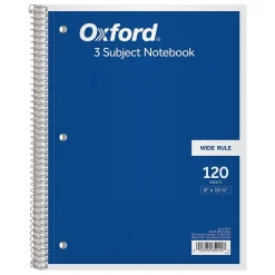 Oxford 3-Subject Notebooks, 8" x 10.5", Wide Ruled, 120 Sheets, Each (65012)