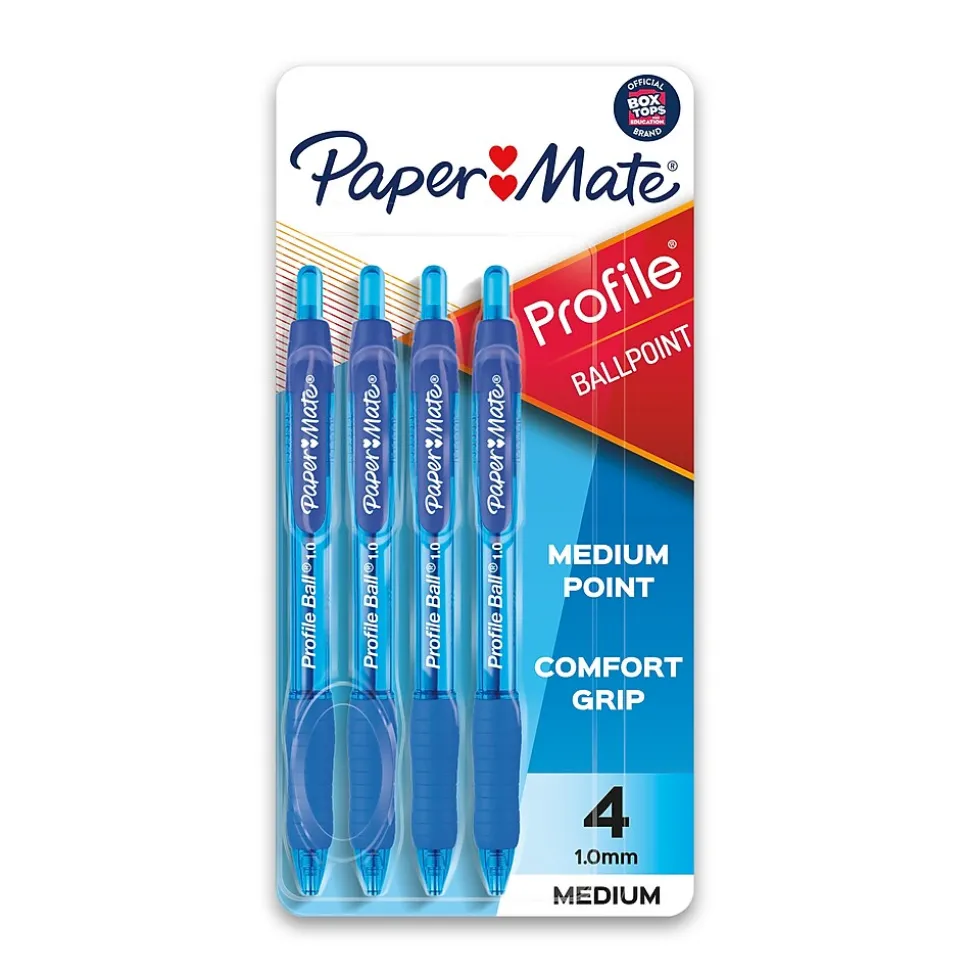 Paper Mate Ballpoint Pen, Profile Retractable Pen, Medium Point, Blue Ink, 4/Pack (2113555)