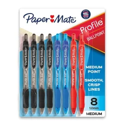 Paper Mate Ballpoint Pen, Profile Retractable Pen, Medium Point, Assorted Ink, 8 Count (2097014)