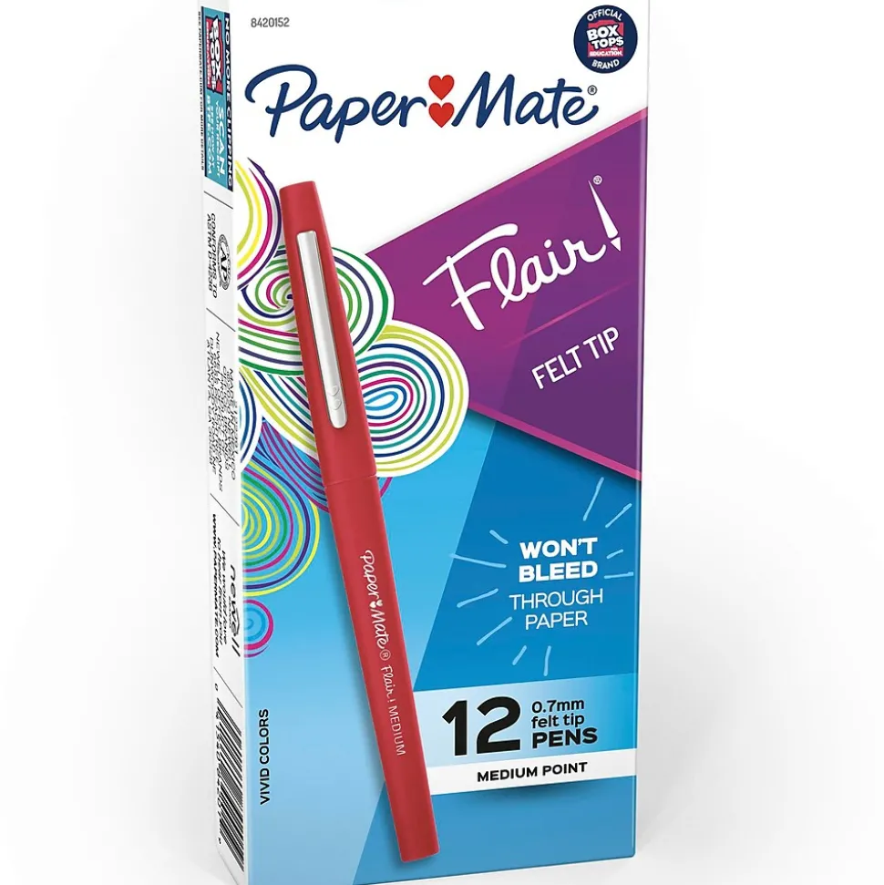Paper Mate Flair Felt Pen, Medium Point, 0.7mm, Red Ink, Dozen (8420152)