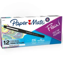 Paper Mate Flair Felt Pens, Medium Point, 0.7mm, Black Ink, Dozen (8430152)