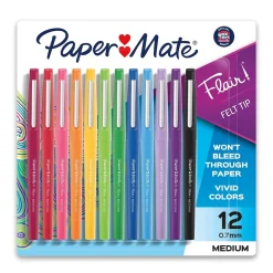 Paper Mate Flair Felt Pens, Medium Point, 0.7mm, Assorted Ink, Dozen (74423)