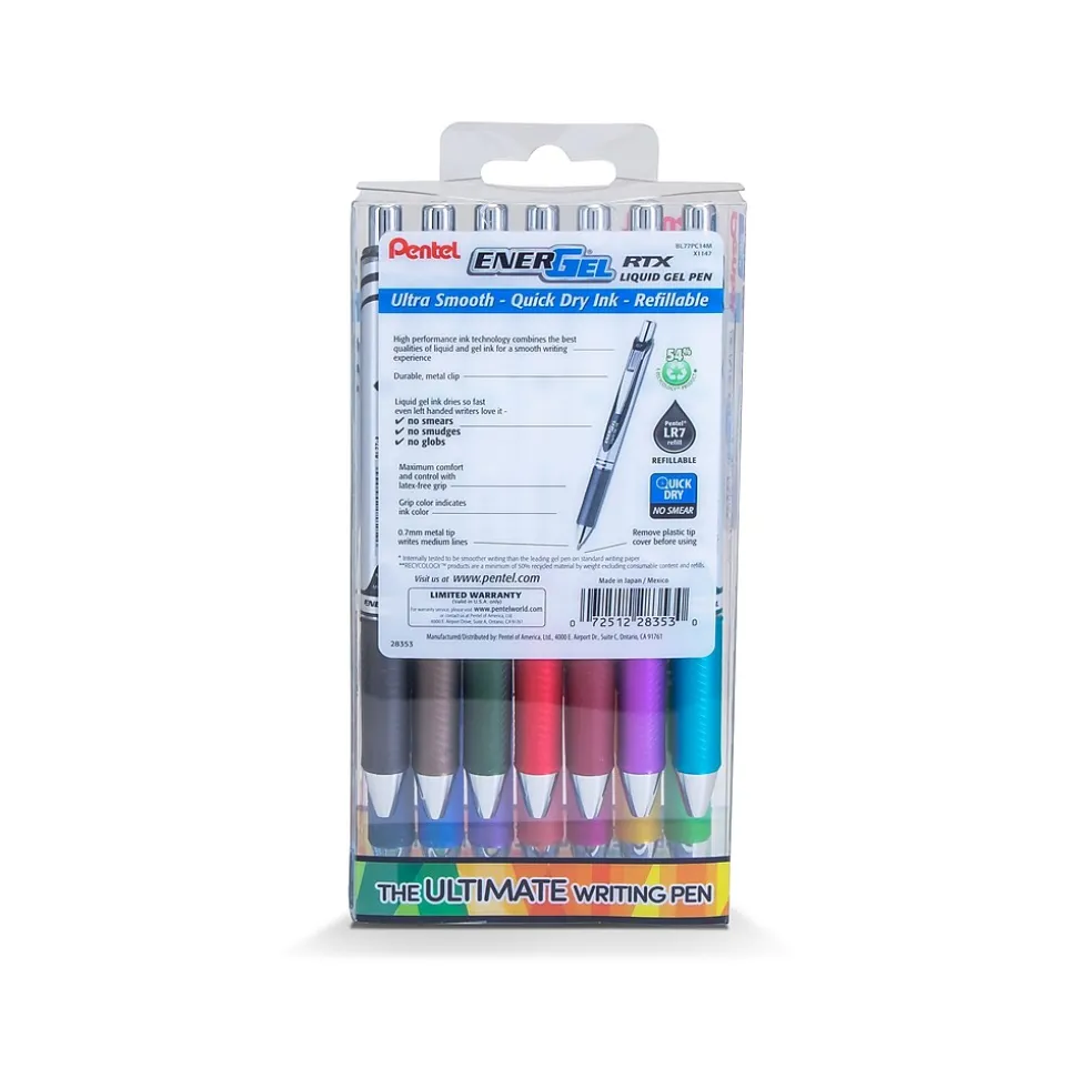Pentel EnerGel RTX Retractable Gel Pens, Medium Point, Assorted Ink, 14/Pack (BL77PC14M)