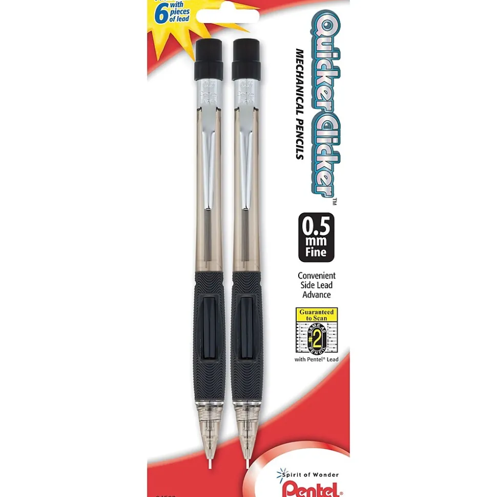 Pentel Quicker-Clicker Mechanical Pencil, 0.5mm, #2 Medium Lead, 2/Pack (PD345BP2-K6)