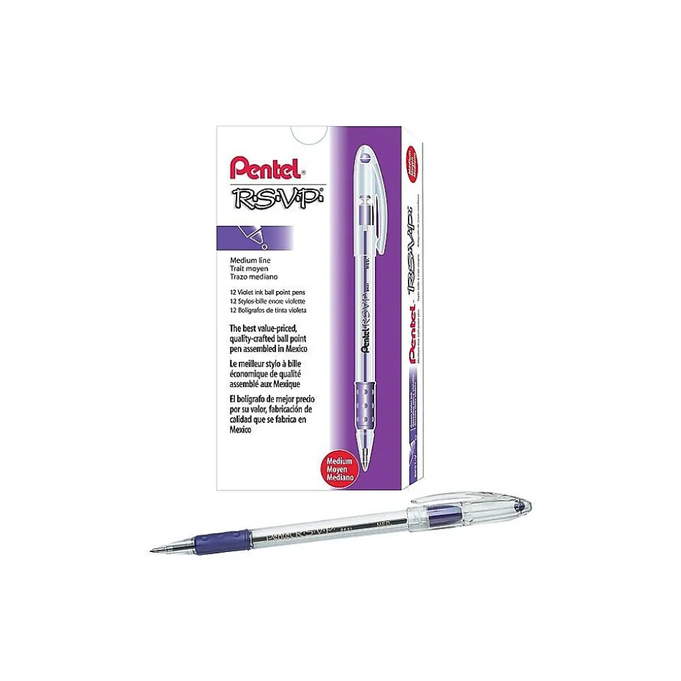 Pentel R.S.V.P. Ballpoint Pens, Medium Point, Purple Ink, 12/Pack (BK91-V)