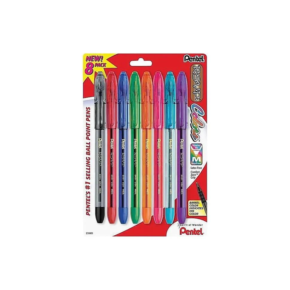Pentel R.S.V.P. Ballpoint Pens, Medium Point, Assorted Ink, 8/Pack (BK91CRBP8M)