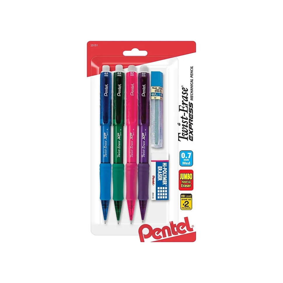 Pentel Twist-Erase EXPRESS Mechanical Pencil, 0.7mm, #2 Medium Lead, 4/Pack (QE417FLZBP4)