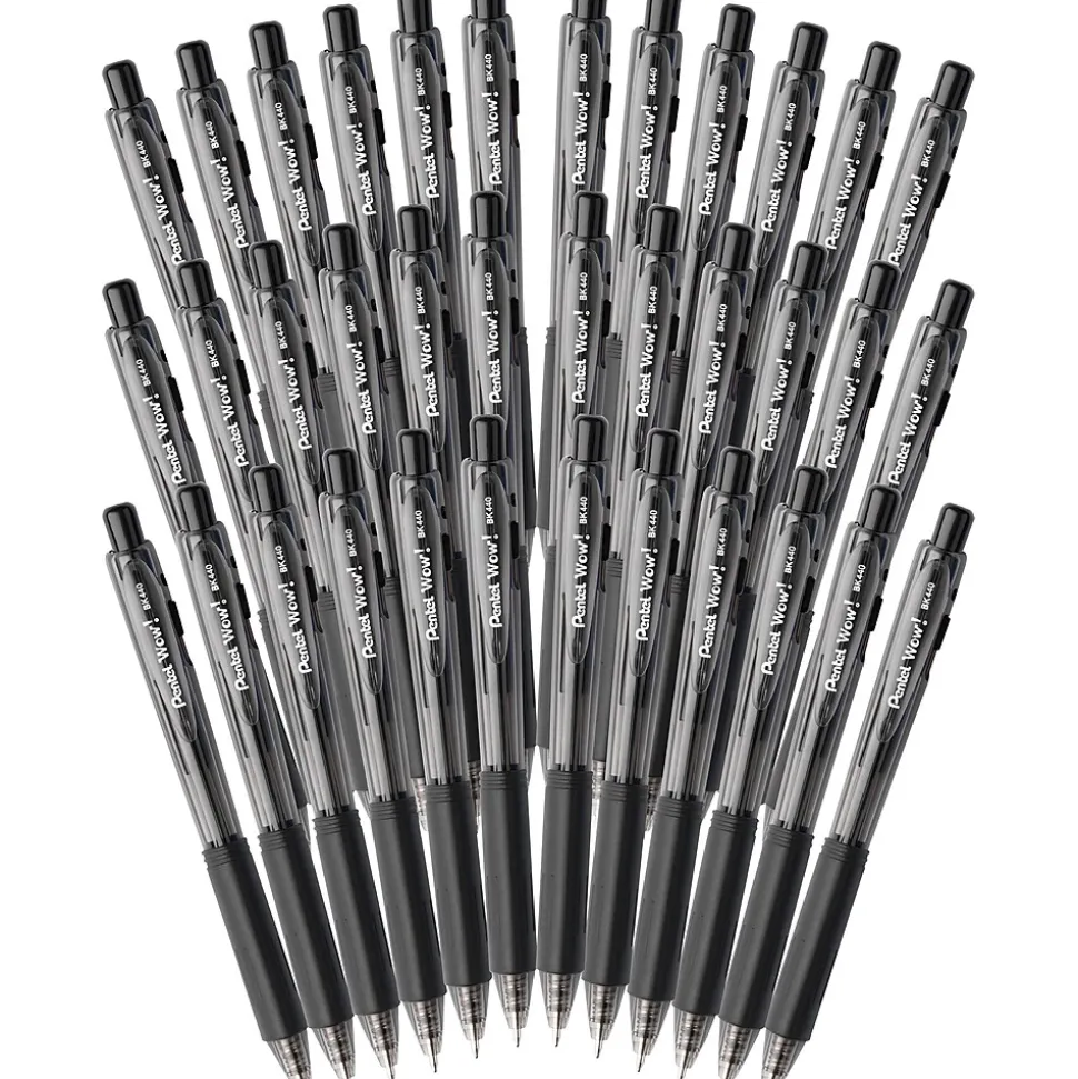Pentel® WOW® Retractable Ballpoint Pens Bonus Pack, Medium Point, Black Ink, 36/Pack (BK440ASWUSS)