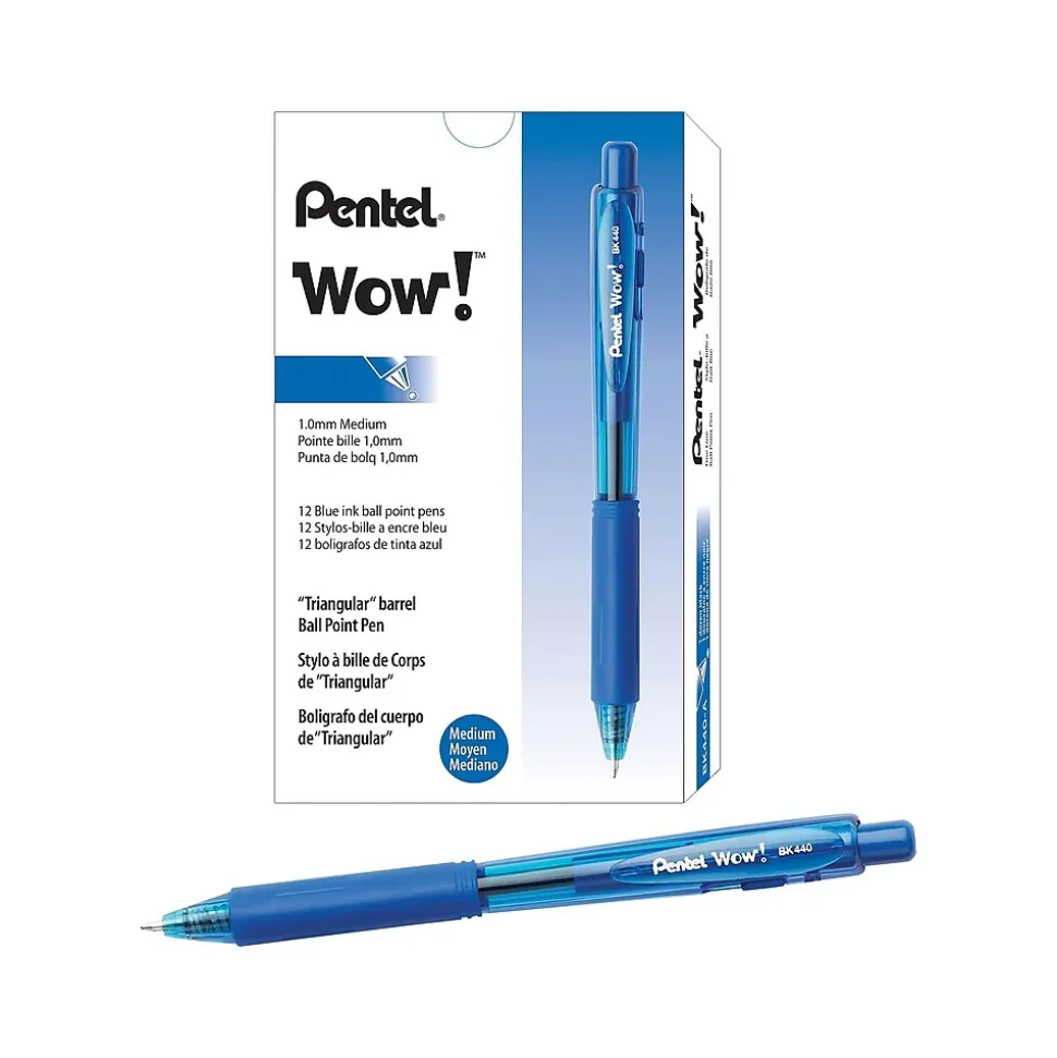 Pentel WOW! Retractable Ballpoint Pens, Medium Point, Blue Ink, 12/Pack (BK440-C)