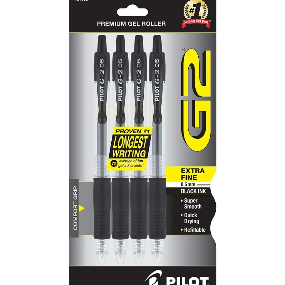 Pilot G2 Retractable Gel Pens, Extra Fine Point, Black Ink, 4/Pack (31055)