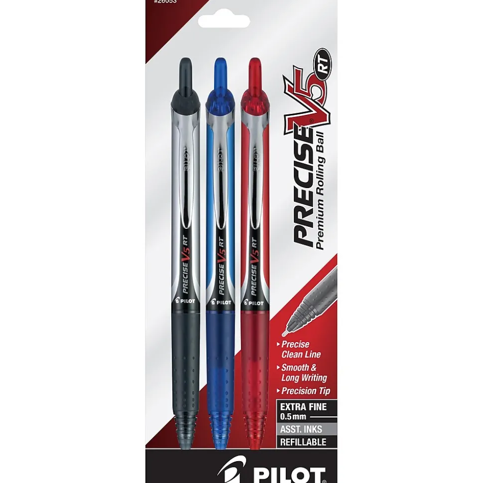 Pilot Precise V5 RT Retractable Rollerball Pens, Extra Fine Point, Assorted Ink, 3/Pack (26053)