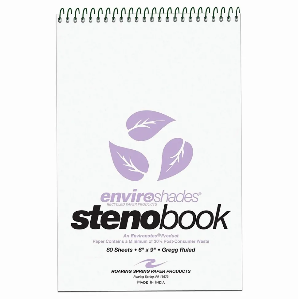 Roaring Spring Enviroshades Steno Notebook, 6" x 9", 80 Sheets/Pad, Gregg Ruled, Recycled Orchid Paper, 4 Bks/Pk (12264)