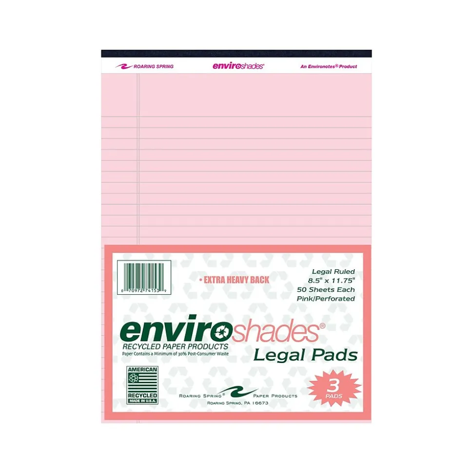 Roaring Spring Paper Products 8.5" x 11.75" Legal Pads, Recycled Pink Paper, 50 Sheets/Pad, 3 Pads/Pack (74153)
