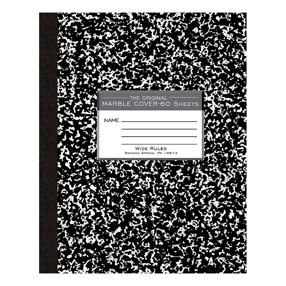 Roaring Spring Paper Products 1-Subject Composition Notebooks, 8" x 10", Wide Ruled, 60 Sheets, Black (77505)