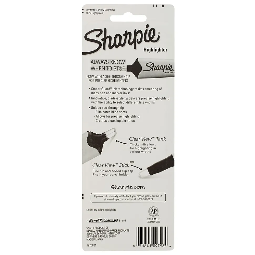Sharpie Clear View Highlighter, Chisel Tip, Yellow, 3/Pack (1950745/2128217)