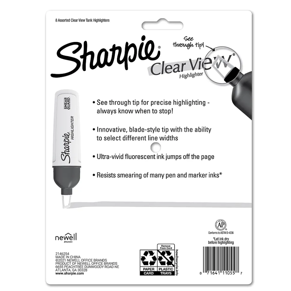 Sharpie Clear View Highlighter, Chisel Tip, Assorted, 8/Pack (1971843)