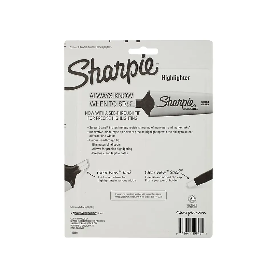 Sharpie Clear View Highlighter, Chisel Tip, Assorted, 8/Pack (1966798/2128218)