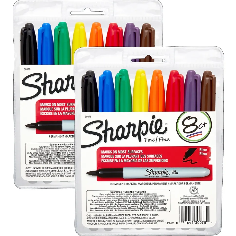 Sharpie® Permanent Markers, Fine Point, Assorted Colors, 8 Per Set, 2 Sets (SAN30078-2)