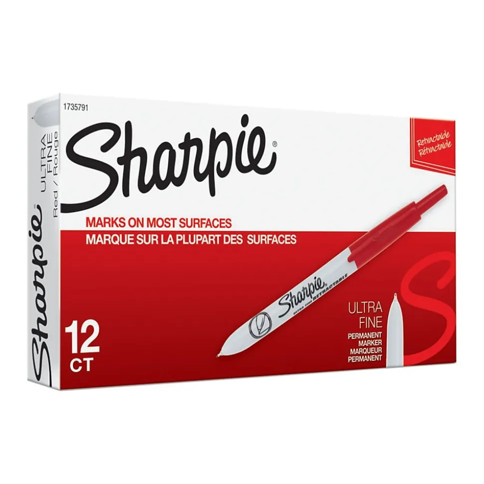 Sharpie Retractable Permanent Markers, Ultra Fine Tip, Red, 12/Pack (1735791)