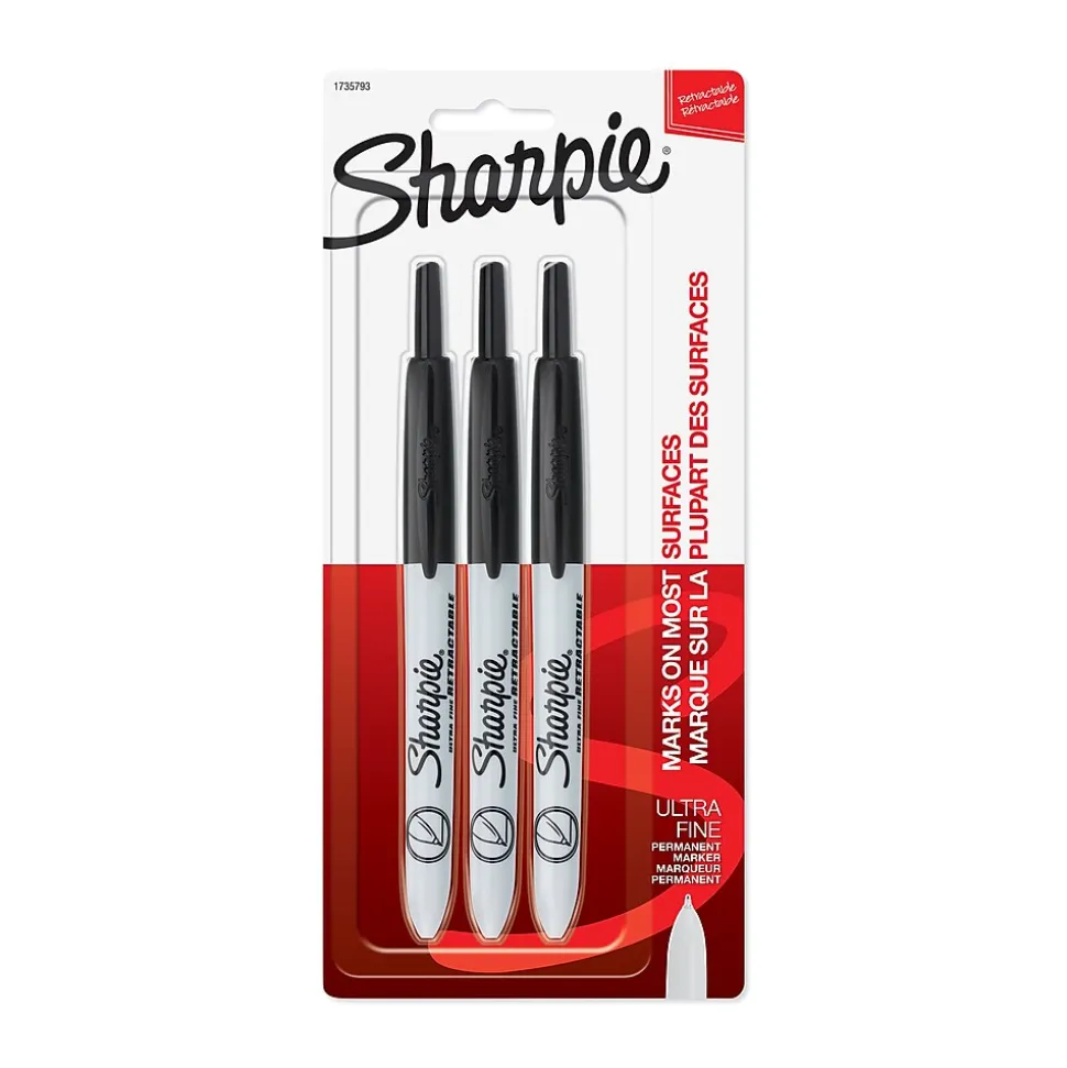 Sharpie Retractable Permanent Markers, Ultra Fine Tip, Black, 3/Pack (1735793)
