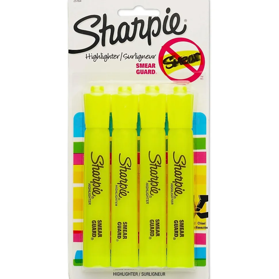 Sharpie Tank Highlighter, Chisel Tip, Fluorescent Yellow, 4/Pack (25164)