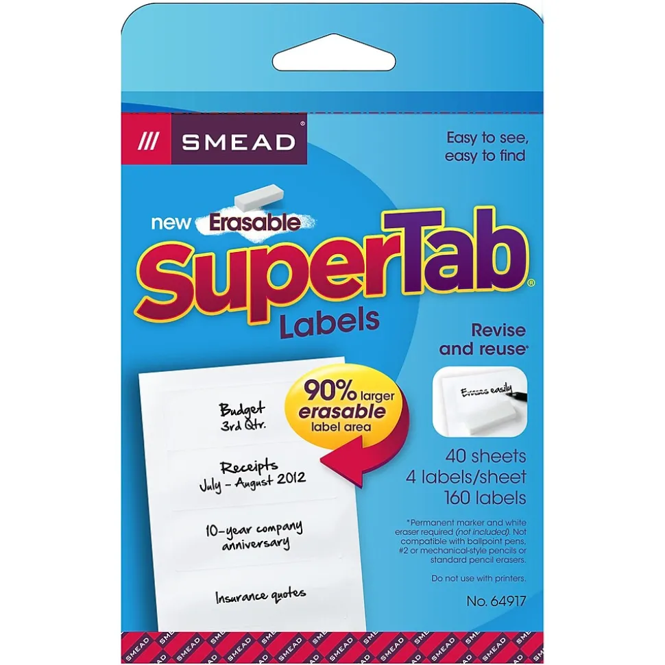 Smead 160ct Erasable Supertab File Folder Labels, 3 7/16" x 1 1/4" (SMD64917)