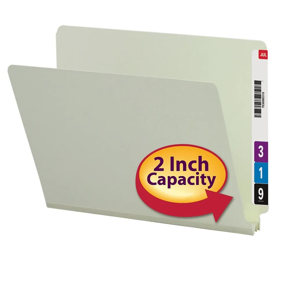 Smead End Tab Pressboard File Folder, Straight-Cut Tab, 2" Expansion, Letter Size, Gray/Green, 25/Box (26210)