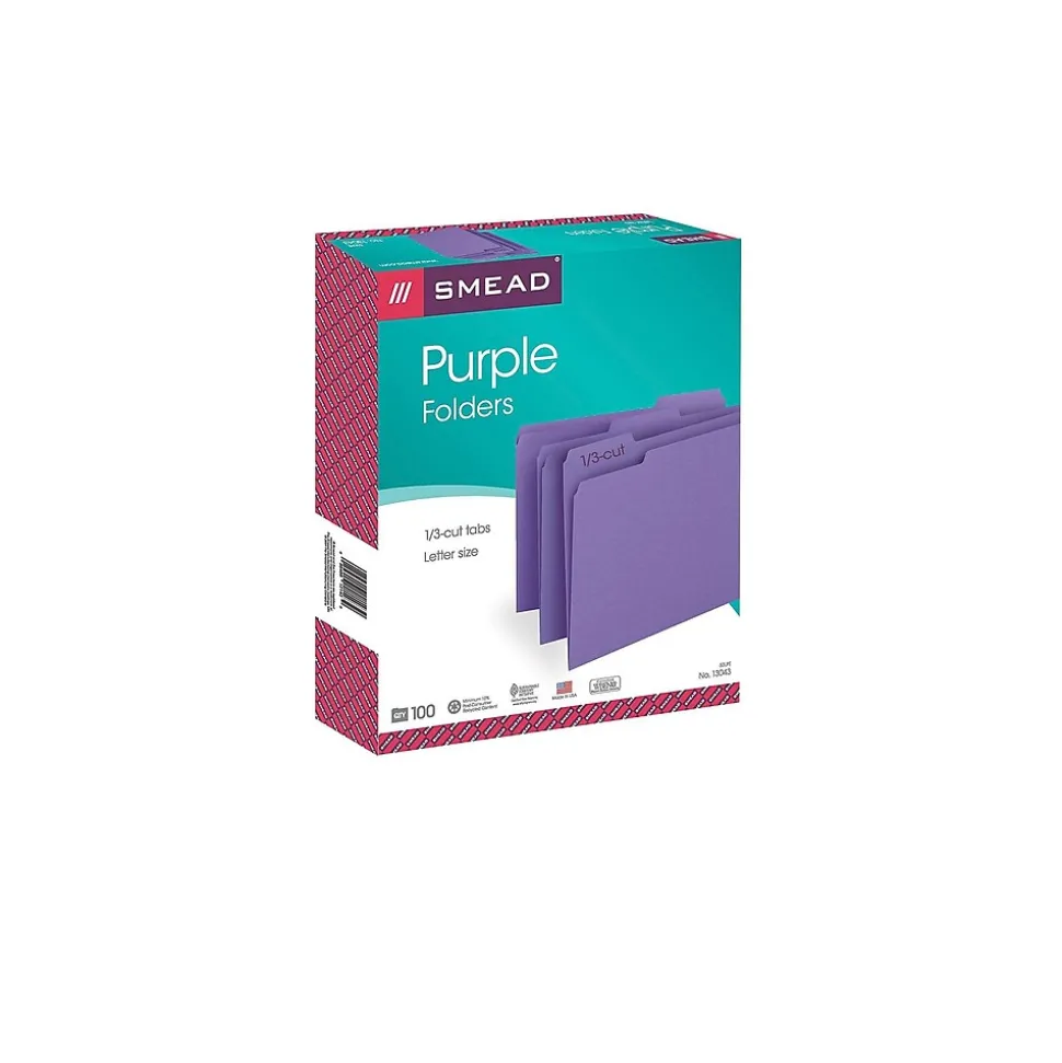 Smead File Folder, 1/3-Cut Tab, Letter Size, Purple, 100/Box (13043)