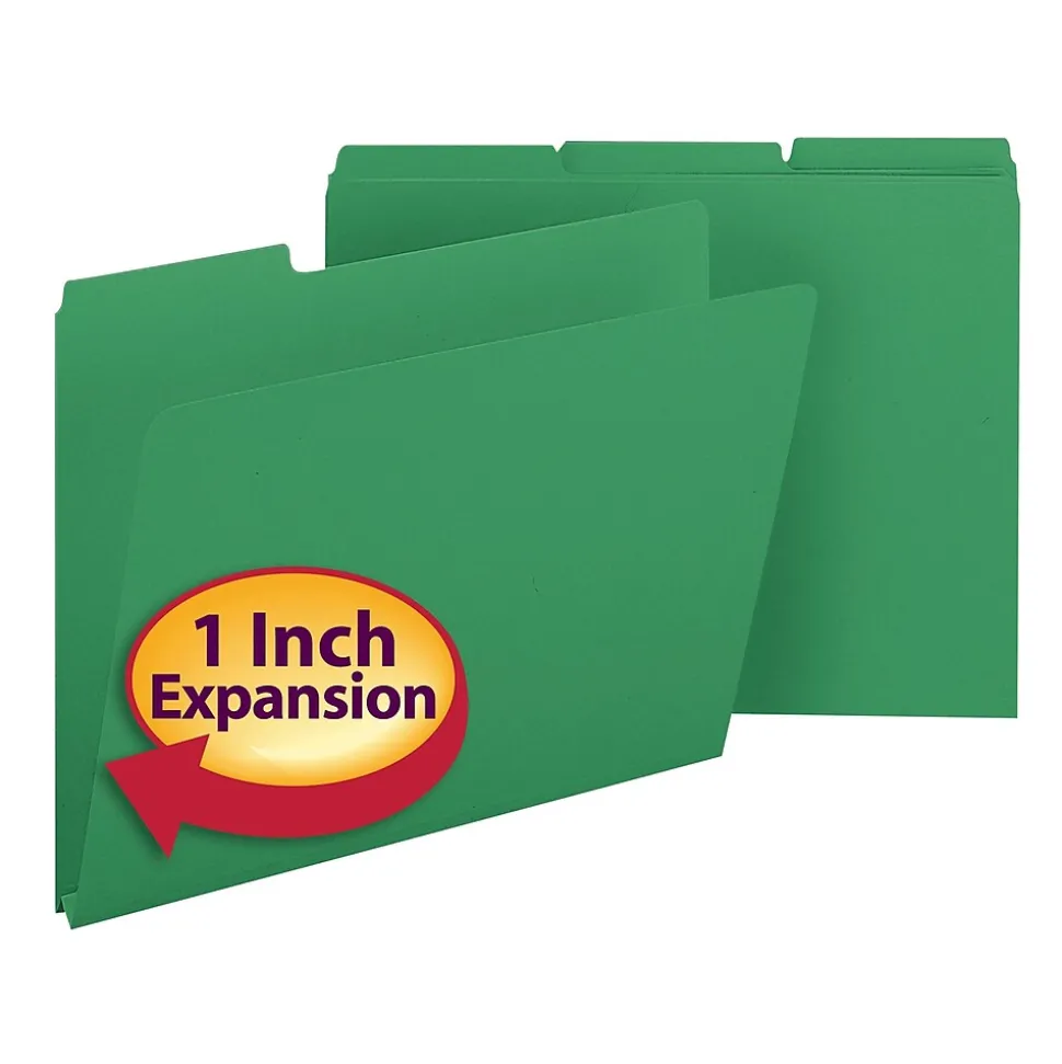 Smead Pressboard File Folders, 1/3-Cut Tab, 1" Expansion, Letter Size, Green, 25/Box (21546)