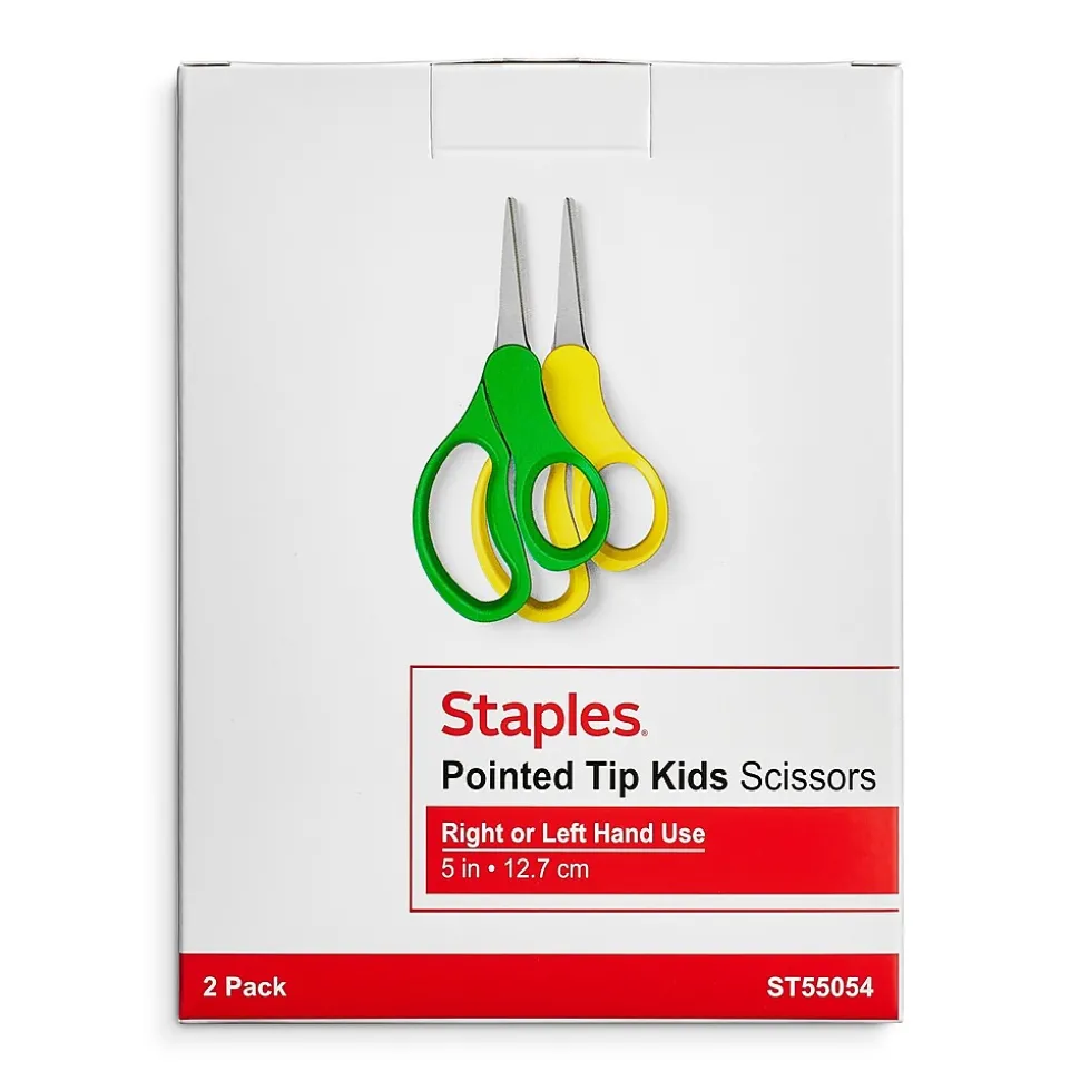 Staples 5" Kids Pointed Tip Stainless Steel Scissors, Straight Handle, Right & Left Handed, 2/Pack (TR55054)
