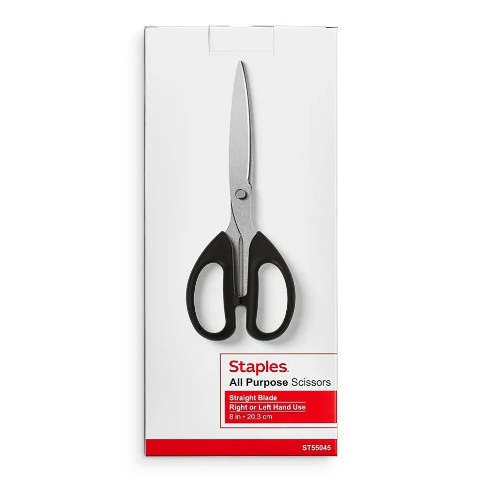 Staples 8" Pointed Tip Stainless Steel Scissors, Straight Handle, Right & Left Handed (TR55045)