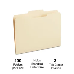 Staples 30% Recycled File Folders, 1/3-Cut Tab, Center Position, Letter Size, Manila, 100/Box (ST116780/116780)