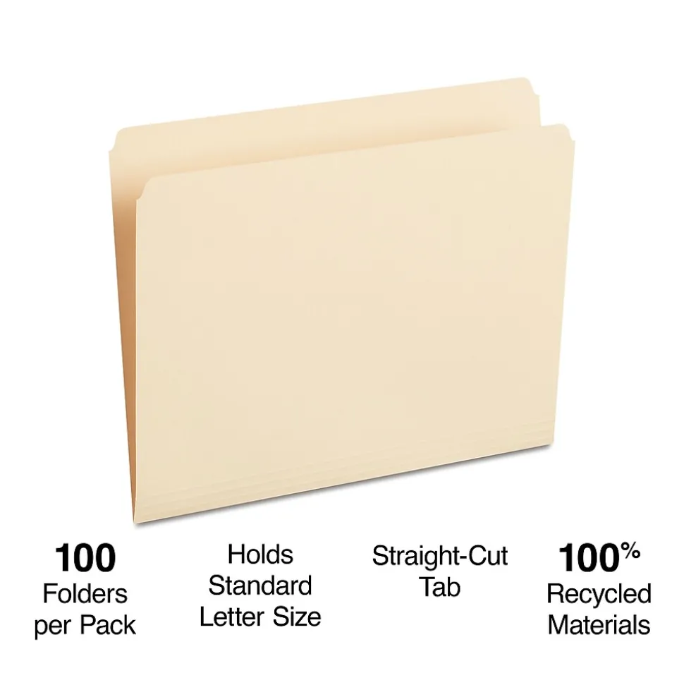 Staples 100% Recycled File Folder, Single Tab, Letter Size, 100/Box (ST393125/393125)