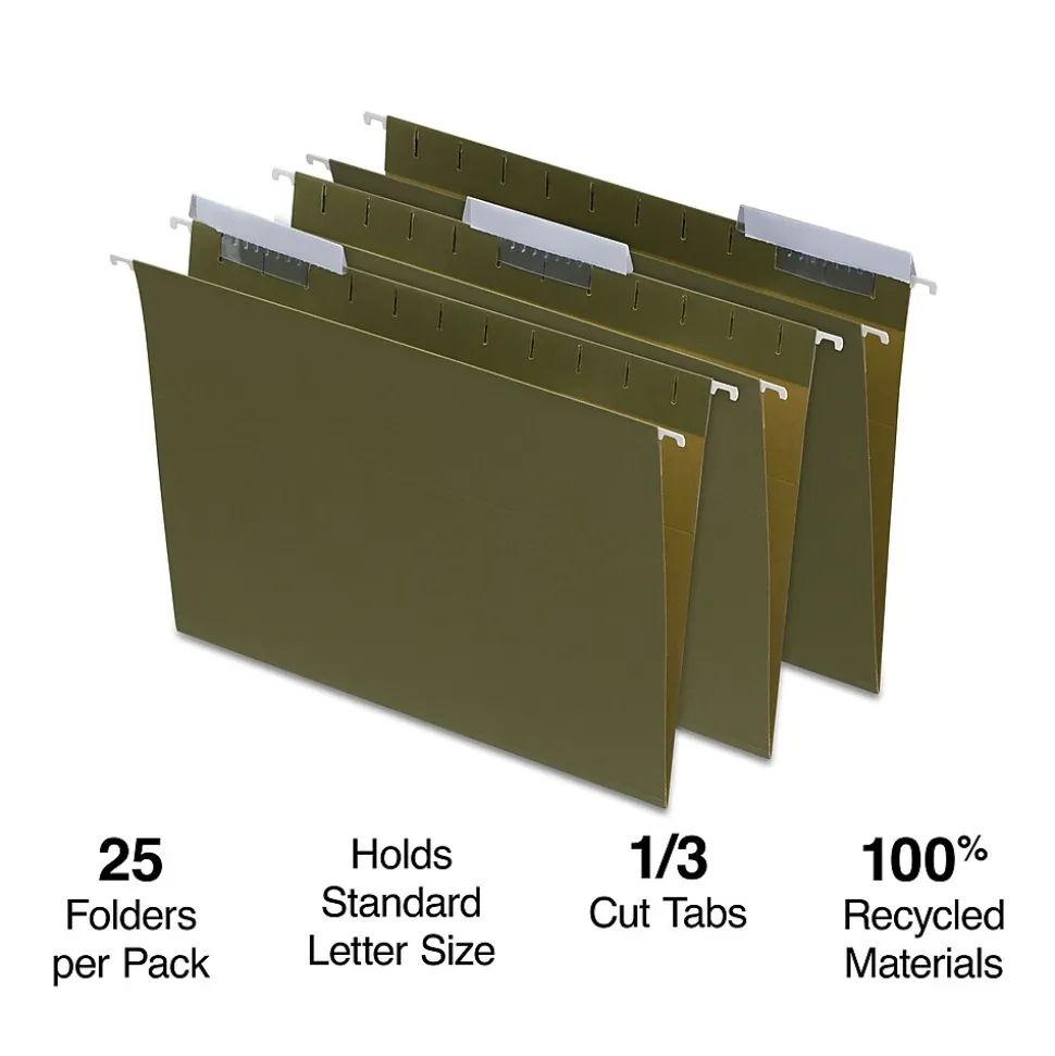 Staples® 95% Recycled Hanging File Folders, 1/3-Cut Tab, Letter Size, Standard Green, 25/Box (ST116806/116806)