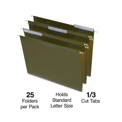 Staples 100% Recycled Reinforced Recycled Hanging File Folder, 1/3-Cut Tab, Letter Size, Standard Green, 25/Box